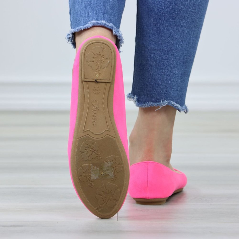 Neon Pink Faux Suede Rounded Toe Slip On Flat Shoes - Picture 7 of 12